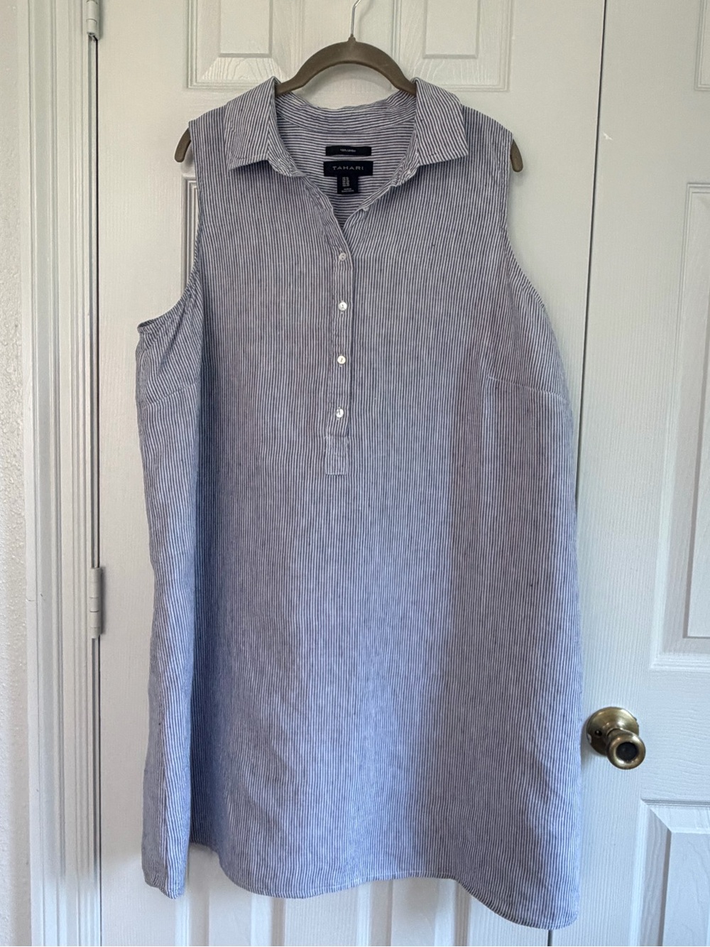 Tahari 100% Linen Sleeveless Shirt Dress Blue White Stripe Plus Size 1X